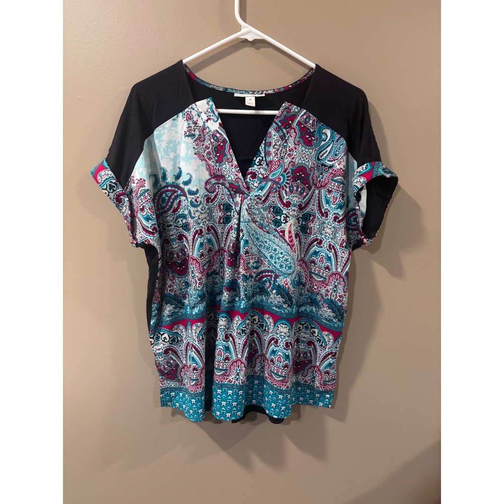 Dana Buchman Womens Paisley V-Neck Mixed Media Blouse Teal Black Pink Size M